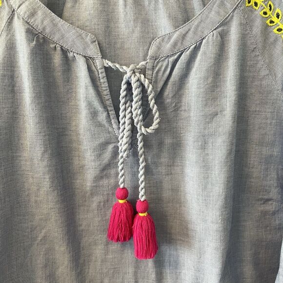 Talbots Top Blouse Womens Petite Med Embroidered Sleeves Blue Peasant Boho - Picture 5 of 11